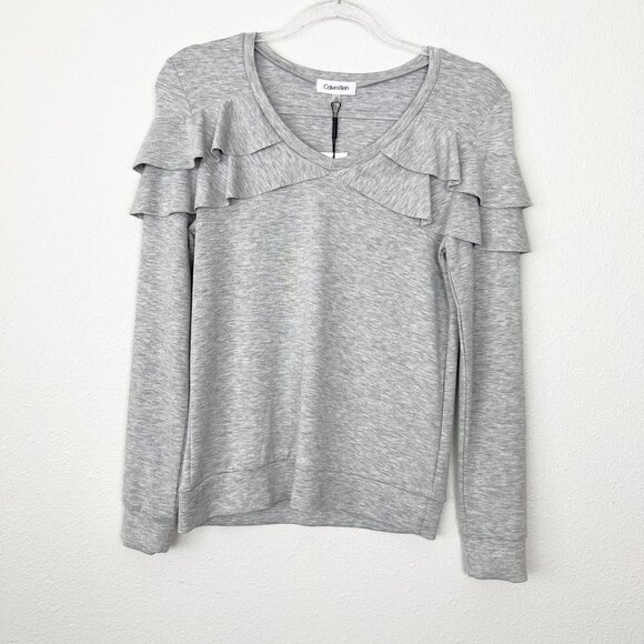 Calvin Klein Light Gray V-Neck Ruffle Long Sleeve Top Womens XS - Picture 1 of 7